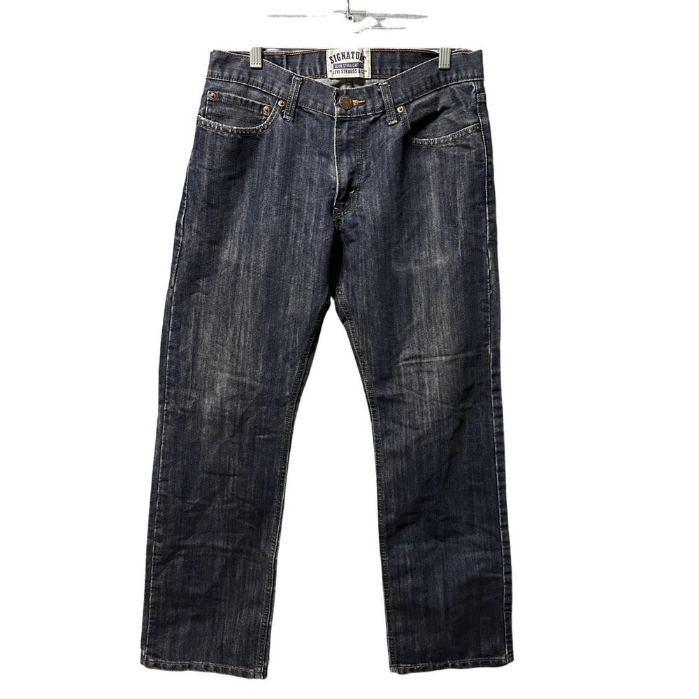 Signature Levi Strauss Mens W32 L30 Slim Straight Fit Jeans Dark‎ Wash Denim